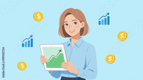 Woman holding tablet with growth chart