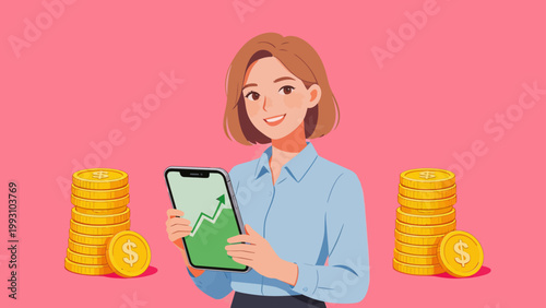 Woman holding phone with coin stacks