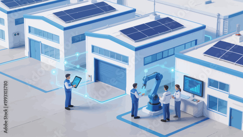 Industrial facility with workers and robots