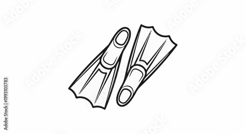 A black and white hand-drawn illustration of two swimming fins