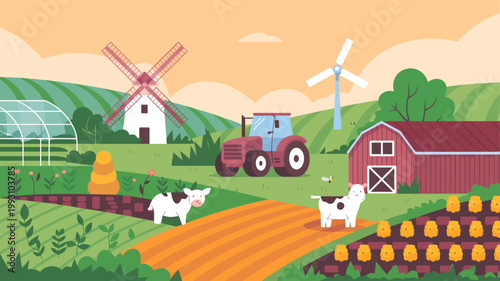 Idyllic rural farm landscape scene with cows tractor windmills and barns under a warm sky