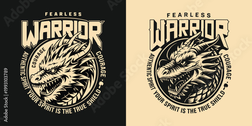 Vintage colorful fantasy badge with fire breathing dragon head on dark background.