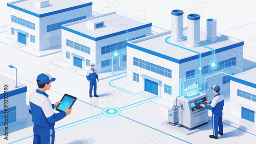 Factory workers with digital devices