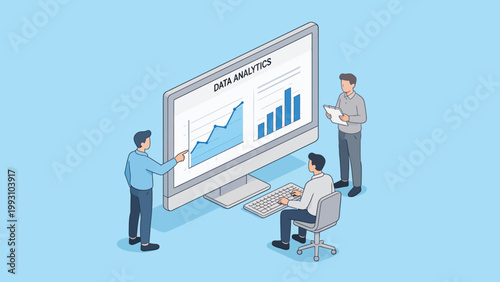 Three people analyzing data on a large screen