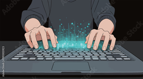 Hands Typing on Keyboard with Digital Data Visualization