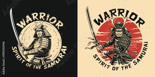 Vintage colorful samurai warrior print with japanese fighter holding katana sword.