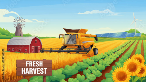 Modern farm scene with a combine harvester working in a golden wheat field under a blue sky