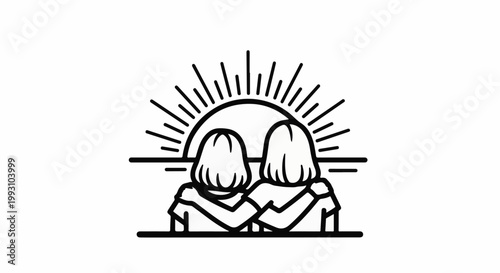 Two friends embracing at sunrise, simple line art, symbol of unity and new beginnings