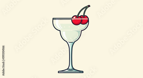 A frosty glass goblet filled with a light beverage, garnished with two bright red cherries
