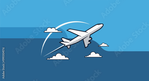 Stylized white jet airplane soaring through a blue sky with clouds