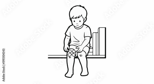 A young child sits on a bench with bandaged knees