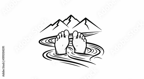 Bare feet submerged in swirling water with mountains in the background