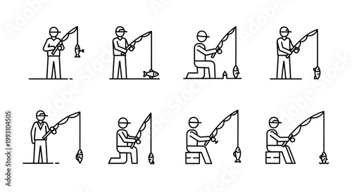 Fishing icons set with various poses and caught fish