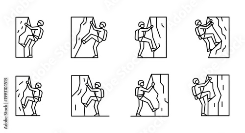 Rock climbing icons set with line art people on cliff