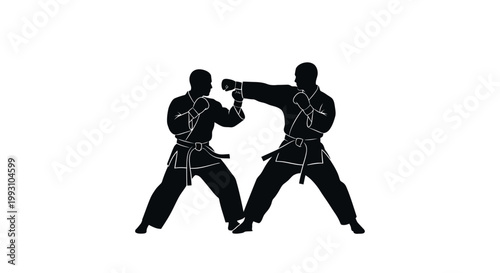 Two martial artists in black gis sparring with white belts