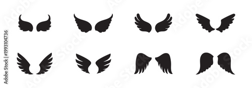 Angel Wing Silhouette Icon Set Bird Wings, Flying Feather Wing Shapes Black Vector Collection for Logo, Tattoo, Fantasy and Design Elements.eps10