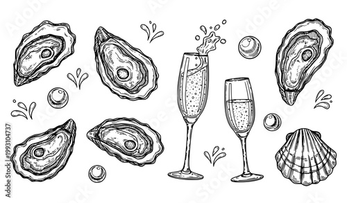 Oysters and Champagne Line Art Set Black and White Luxury Seafood Vector Collection