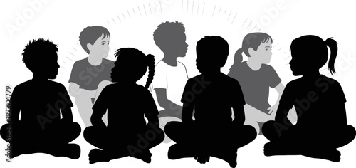Diverse group of children sitting in a circle with varying shades and tones representing communication and unity