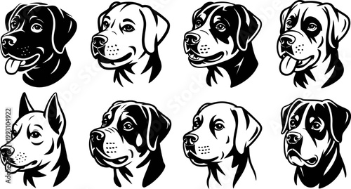 Diverse collection of eight dog head illustrations in black and white vector art style
