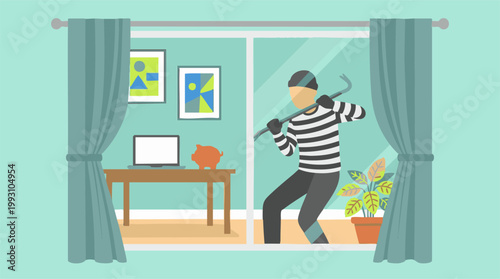 Burglar with crowbar breaking into home through window, theft concept