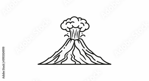 A black outline drawing of an erupting volcano with smoke billowing upwards