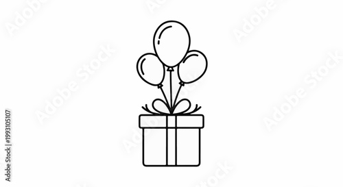 A minimalist outline drawing of a gift box with three balloons