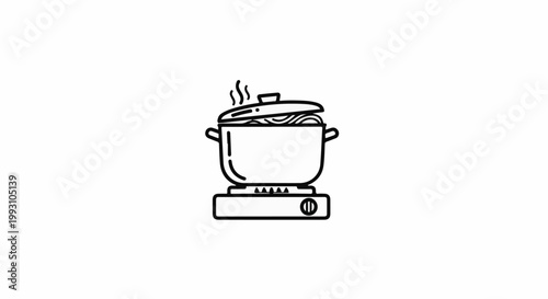 A pot of noodles steams on a simple stove