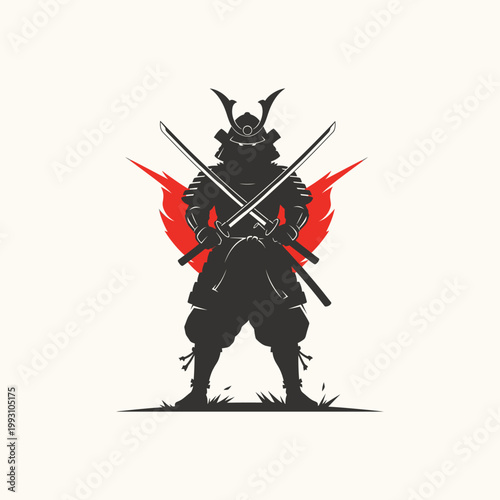 Silhouette of a Samurai Warrior with Crossed Katana Swords and Red Flame Background