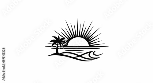 Stylized sunset over water with palm tree and island