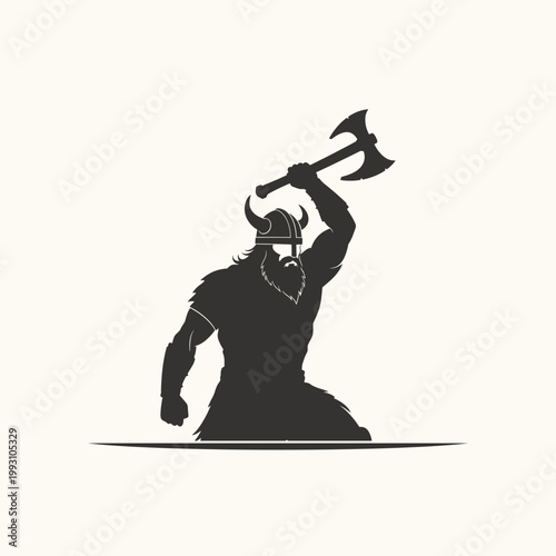 Kneeling Viking Warrior Silhouette Holding Raised Battle Axe