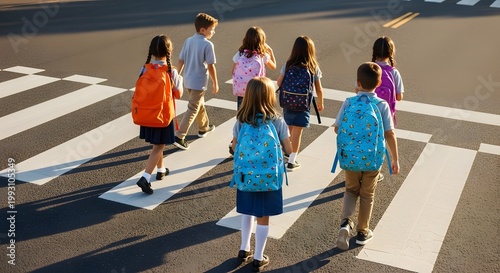 Children walking across a crosswalk in bright sunlight showing childhood lifestyle and community development concepts