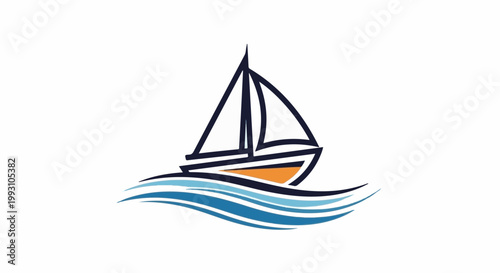 Stylized sailboat glides through blue and white waves