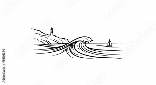 Stylized ocean wave with a sailboat near a cliff lighthouse