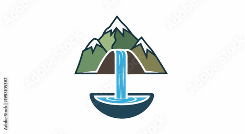 Stylized mountains with snow caps and a cascading waterfall into a basin