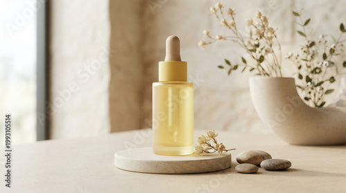Natural face oil bottle mockup on round podium with jasmine flowers and zen stones