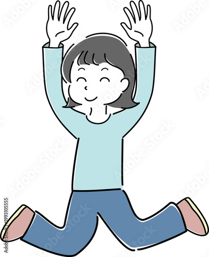 勢いよくジャンプして両手を上げる笑顔の女性の全身シンプルイラスト（喜び・達成・元気・エネルギー・人物素材） /
Full body woman smiling jumping energetically with arms raised simple line illustration (joy, achievement, energy, excitement, people)