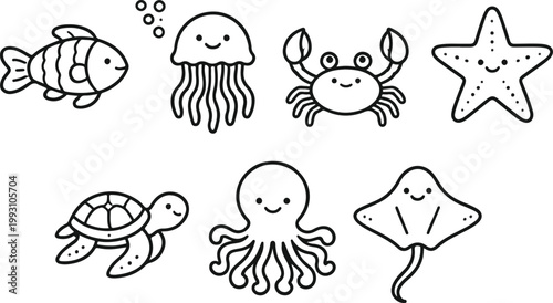 Sea Animal Outline Icons Set for Marine Life and Nautical Design Flat Line Art Vector Illustration