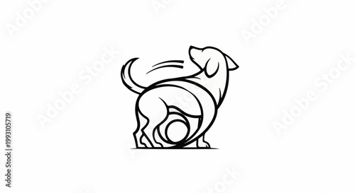 Stylized line art of a happy dog looking upwards with wagging tail