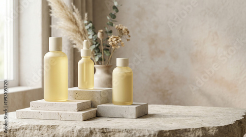 Skincare cosmetic glass bottles on stone podium with butter yellow liquid and pampas grass