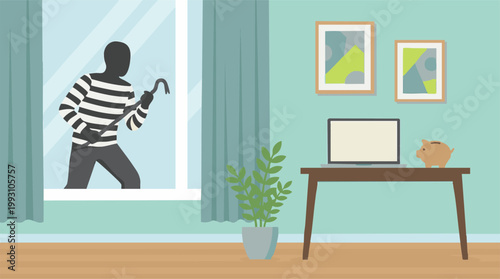Burglar breaking into a house through a window with a crowbar, theft concept