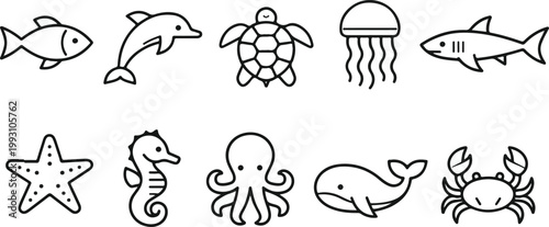 Professional Underwater Animal Line Art Icons Pack for Marine Biology and Ocean Conservation Flat Vector Illustration