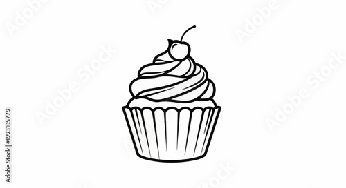 A simple black and white line drawing of a cupcake with frosting and a cherry
