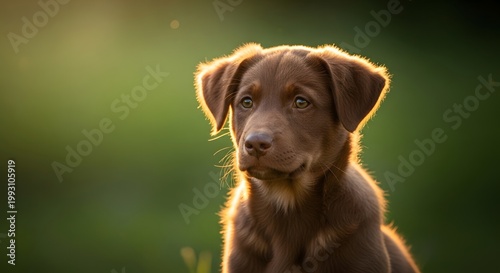 Golden hour portrait of a cute puppy looking up in soft natural light against a blurred green outdoor background for lifestyle marketing