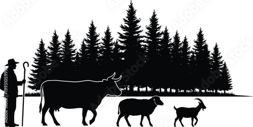 Black silhouette of a shepherd with staff walking alongside a cow sheep and goat in front of a dense evergreen pine forest landscape