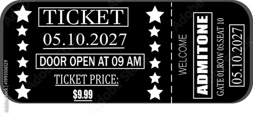 Black and white event ticket design with stars isolated on white background for admission and entertainment concept