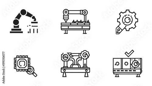 Robotic Precision in Automation: A series of sleek, monochrome illustrations showcase the elegance and efficiency of industrial automation, including robotic arms, precision machinery.