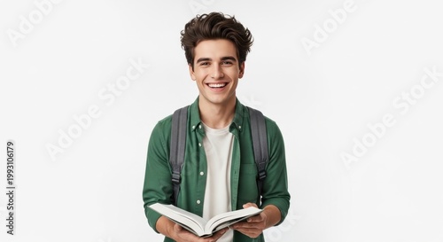 Happy student holding a book with a backpack while smiling in a bright modern classroom environment for education and academic success lifestyle concepts