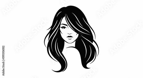 A stylized black and white illustration of a woman's head and shoulders with flowing hair