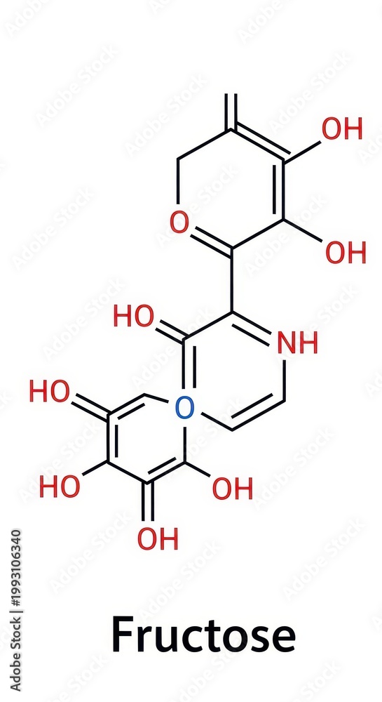 Obraz premium Detailed Fructose Chemical Structure Isolated on White Background.