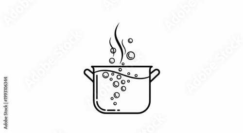 Black and white illustration of a pot of boiling water with steam